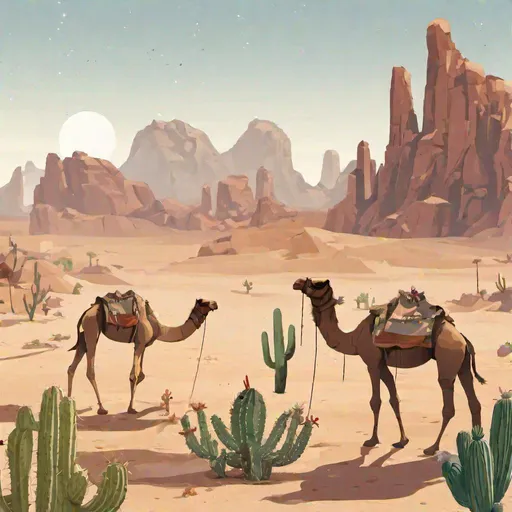 Prompt: A desert biome with camels and cactus and small shrubs