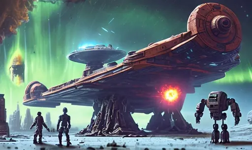 Prompt: ancient huge old rusty spaceship getting repaired  by robots dead planet sparks fire welding people working aurora many colours   guard drinking milk enhance detail turret on spaceship real soldier thin landing gears symmetrical ship laser warzone dead body's on ground ships exploding in sky thicker spaceship gun fight