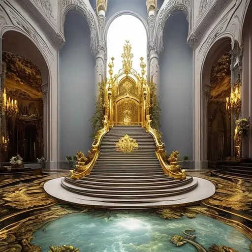 Prompt: heaven with a cloudy floor, gold throne in the middle, stairs that lead to the normal world