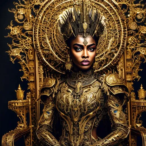 Prompt: full body portrait, stunning cybernetic black goddess, golden filigree intricate details, symmetrical face, piercing golden large eyes, vivid golden lips, very dark skin, realistic skin, sepia and gold shimmer, intricate golden and silver long armour dress and intricate details jeweled crown, sitting on an intricate metal throne by WLOP,by Sherry Akrami, Shane Black, by Carne Griffiths,  delicate detail, painstaking attention to detail, extremely detailed, hyperrealistic, high definition, hdr, photorealistic, award winning, exquisite craftsmanship, 8k, masterpiece, crisp quality, highly detailed, 4k, ultra realistic, dreamlike, fabulous, overwhelming, wonderful, amazing, breathtaking, charming, very stylish, lovely, appealing, fascinating, dreamy, astonishing, polished, gorgeous, splendid,  delightful, graceful, mesmeric, captivating, very pretty, eye-catching, very refined, divine, trendy, magnificent, perfect face