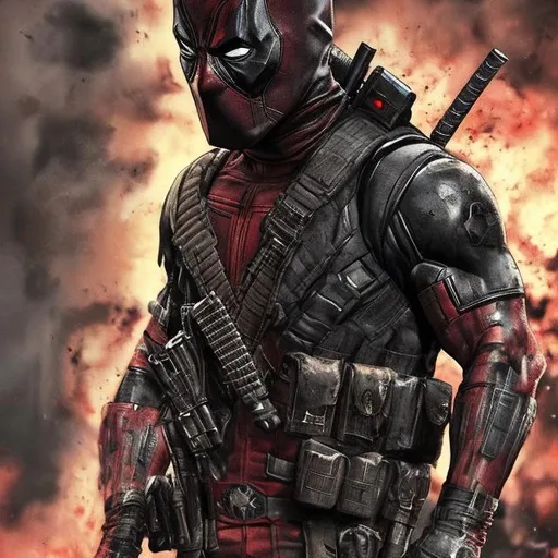 Prompt: Redesigned dark gritty, mostly black with dark red military commando-trained villain deadpool. Bloody. Hurt. Damaged mask. Accurate. realistic. evil eyes. Slow exposure. Detailed. Dirty. Dark and gritty. Post-apocalyptic Neo Tokyo with fire and smoke .Futuristic. Shadows. Sinister. Armed. Fanatic. Intense. 