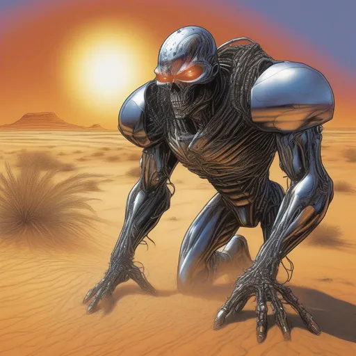 Prompt: A futuristic image of an African Terminator emerging from the sands of the Sahara desert. Its heat-resistant outer shell reflects the scorching sun, while its eyes glow with an intense determination, mirroring the resilience of the arid landscape.
 illustrated in color  by Grant Morrison 