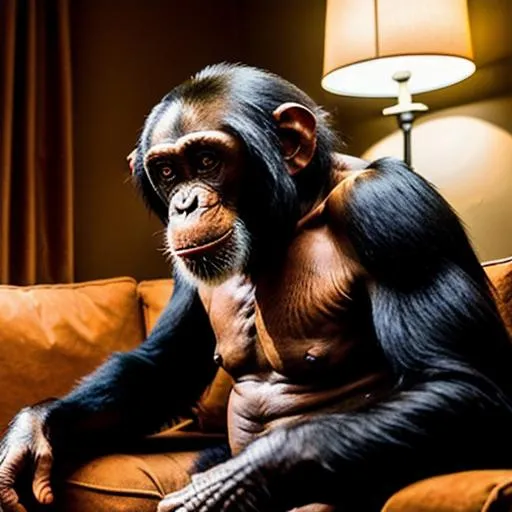 Prompt: Chimpanzee Sitting on a couch, watching Football on TV, Drinks and food on the table, dynamic lighting, hyperdetailed, intricately detailed, Photorealistic, Movie Quality, Funny, Film Quality, photorealism, Epic Quality, 8K resolution, intricate, #film