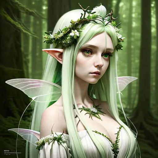 Prompt: Portrait of a faerie with long straight green and white hair and with cute face, forest vibes, wearing a gemstone crown and white dress, detailed, perfect composition, hyperrealistic, super detailed, 8k, high quality, trending art, trending on artstation, sharp focus, studio photo, intricate details, highly detailed, by greg rutkowski
