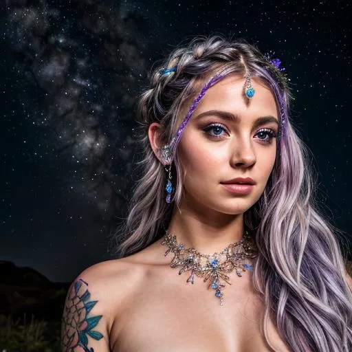 Prompt: Ethereal fairy princess, hd, 4k detail, beautiful, celestial background, blue braided hair, tattoos, purple eyes, Night sky background