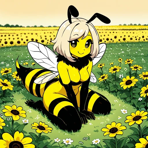 Prompt: A furry style bee humanoid hybrid anthropomorphic (bumblebee insect queen) in a field of flowers, mix humanoid basic form with distinctive bumblebee features to create a cute and beautiful creature.