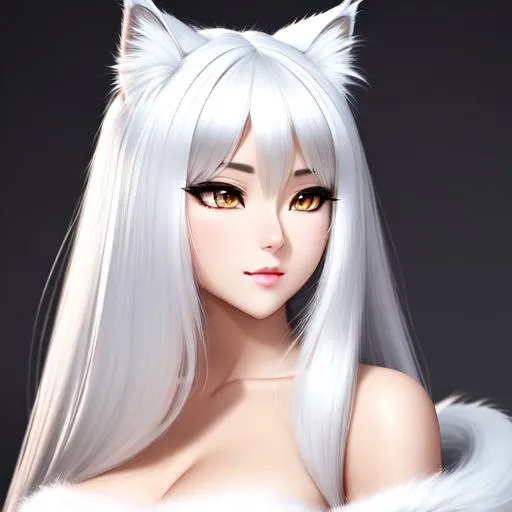 Prompt: The beautiful woman with face like cat , cat stealth,beautiful anime cat eyes, white skin,silver and white hair, breath, cat face,intricate hairy body, cat's fur, cute, anime vintage, perfect cat body, cat whiskers, beautiful, highly detailed, hd, 4k, 8k, wide angle