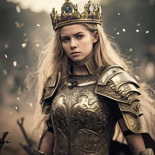 Prompt: beautiful fictional female with crown fighting in war