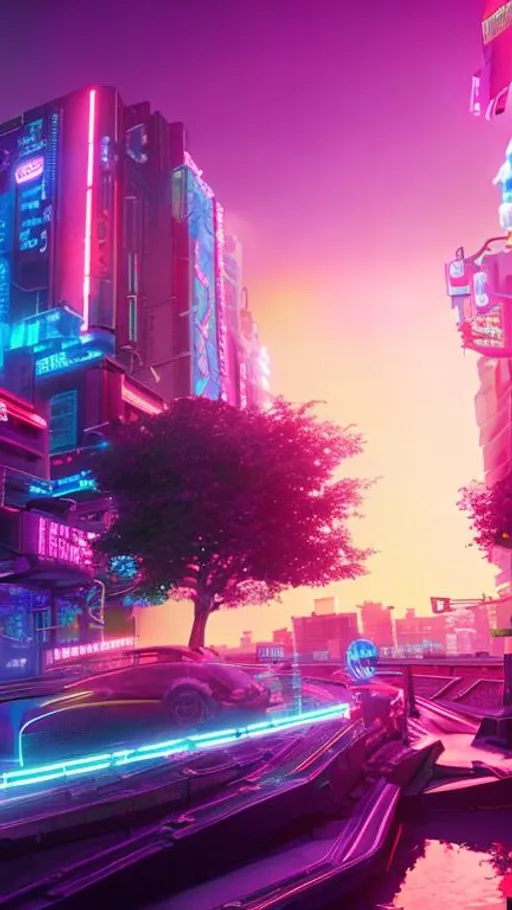 Prompt: vaporwave city, neon lighting, beautiful sunrise, Retro, high quality, 4k
