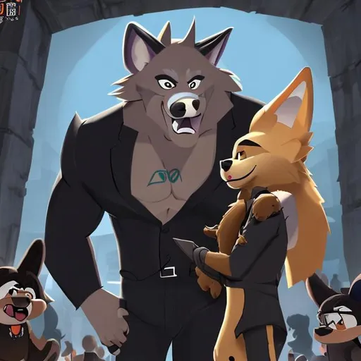 Prompt: Linnux the big buff anthro wolf is  wearing black business suit loves young human, at mengcheng city, on "Rock dog style"