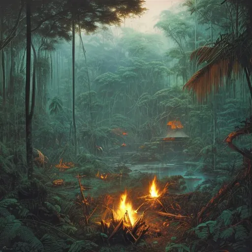 Prompt: Landscape painting, lush and dark jungle, small hunter camp with campfire, dull colors, danger, fantasy art, by Hiro Isono, by Luigi Spano, by John Stephens