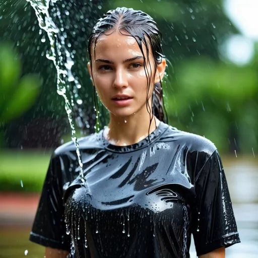 Prompt: Generate a photo of a young woman, wearing a  black long shirt,  waterfight. She is enjoying being in her wet clothes, water dripping from her clothes, which are stuck to her body.  The image should show detailed textures of the wet fabric, a wet face, and plastered hair. The overall effect should be shiny and wet, with professional, high-quality details and a full body view.