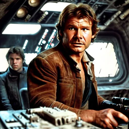 Prompt: han Solo with a thick mustache holding a blaster played by harrison ford with a thick mustache.