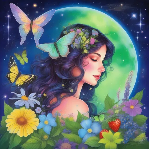 Prompt: A beautiful and colourful picture of Persephone with brunette hair and with a green Luna Moth, forget-me-not flowers, Baby's Breath flowers, a chickadee bird, animals and strawberry plants surrounding her, framed by the moon and constellations in a Lisa Frank art style. 