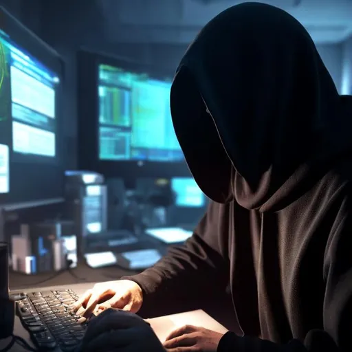 Prompt: A hooded man is at his computer in a dark room hacking