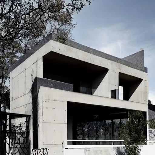 Prompt: Design minimalistic concrete house with beige, white And black elements. With structured walls and big window and concrete rooftop.