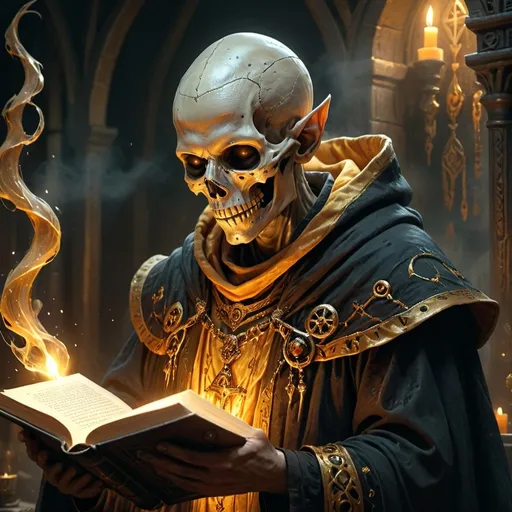 Prompt: (hyper-realistic necromancer character), fantasy character art, reading the Book of the Dead, dnd, warm tone, illustration, richly detailed robes, glowing magical symbols, golden and amber light, shadows and highlights, deep textures, intense focus on the face, classic fantasy setting, dark and mysterious atmosphere, ancient and enigmatic background filled with arcane objects, 4K, ultra-detailed, cinematic quality, dramatic and immersive.