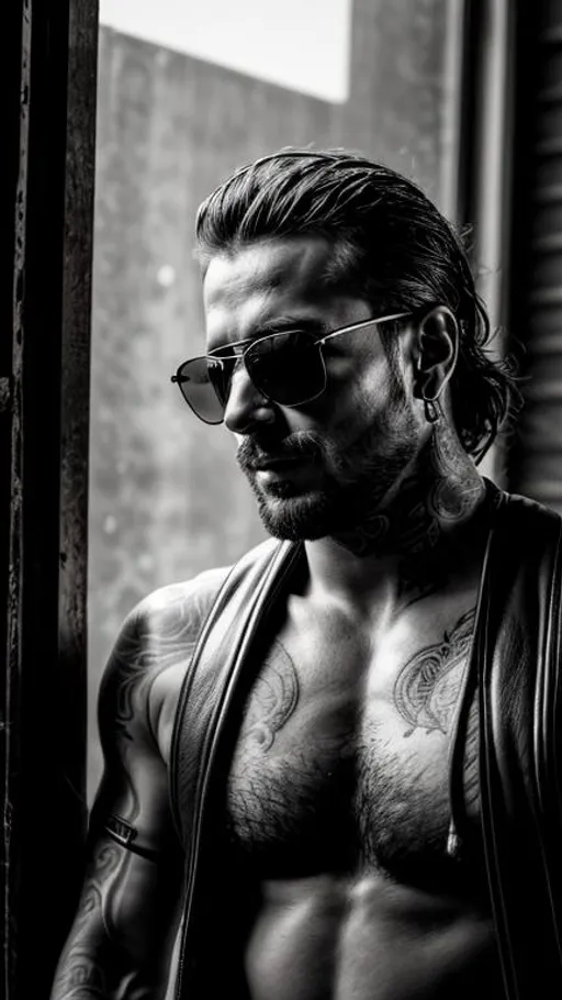 Prompt: Sensual, tattooed, shirtless, rustic  man from a random country, wearing sunglasses and a intricate leather harness, in an abandoned place near a window, cinematic, close-up portrait, grayscale, hyperrealistic, hyperdetailed, ambient light, perfect composition, provocative, textured skin, high contrast, profile portrait, ultra HD.