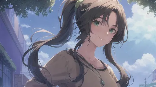 Prompt: Portait of a tall, tanned, green-eyed adult girl, with long black hair in a ponytail, looking at the viewer, smiling, Studio Ghibli movie poster.