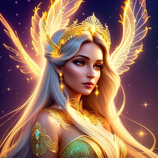 Prompt: A beautiful woman, phoenix spirit, large nose, intricate long white flowing hair, filigree halo, surprised expression, dark tan skin, intricate filigree gold dress, firey wings, ethereal, luminous, fireflies, night sky, glowing, trails of light, 3D lighting, celestial, some sparkle, soft light, sunset, vaporwave, backlit, fantasy