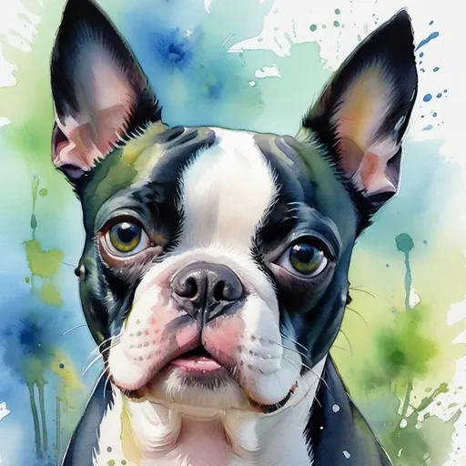 Prompt: (Boston terrier watercolor), **soft brushstrokes**, **vivid colors**, **delicate details**, **expressive eyes**, playful and joyful atmosphere, splashes of vibrant blues and greens, light pastels in the background, dreamy and whimsical scene, High quality, 4K resolution, intricate textures, professional artistry, soft lighting, blend of warm and cool tones, nature elements, elegant composition, harmonious color palette, attention to detail.