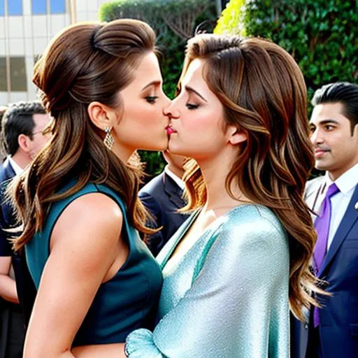 Prompt: Stana Katic and Selena Gomez kiss 