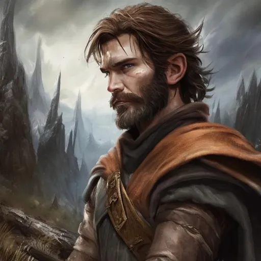 Prompt: A handsome rugged fantasy ranger man wearing a dark cape is looking into the distance. dark epic painting