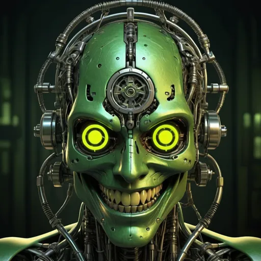 Prompt: Half-cyborg evil smiley acid face, futuristic-biomechanical style, bio-organic metal materials, eerie green and toxic yellow color tones, intense shadowplay, high-tech implants, detailed mechanical components, menacing and sinister expression, ultra-detailed, biomechanical, futuristic, eerie color tones, intense shadows, high-tech, menacing expression, professional lighting
