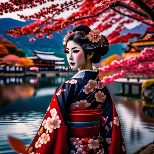 Prompt: photo of a Japanese mesmerizing Geisha Persona, intricate majestic costume, Lake Kawaguchi in the background, surrounded the Japanese sakura tree with its beautiful red leaves in the fall, intricate details, highly detailed, rotations angle 0°, 8k, photography, Pov, 