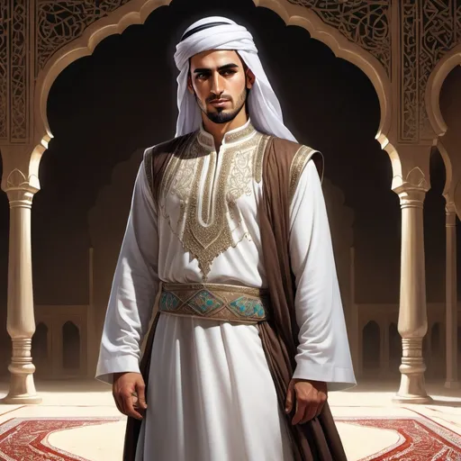 Prompt: Full body, Fantasy illustration of a male arab groom, 30 years old, long ponytail, traditional Arab garment, grumpy expression, high quality, rpg-fantasy, detailed, in a Arabian style stable