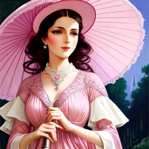 Prompt: EPIC PERSPECTIVE. Elegant brunette lady with lovely face dressed in pink, lavender and beige form fitting long dress with hat and Umbrella. haute couture circa 1920. Digital art very intricate art nouveau 