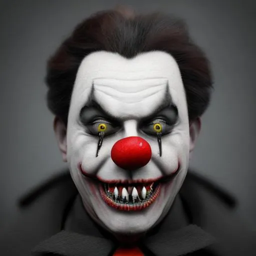 Prompt: Portrait of Scary Clown with vampire teeth holding balloons-Abstract
