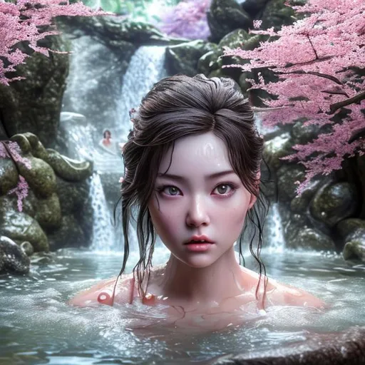 Prompt: (masterpiece) (very sharp) (4K UHD) (best quality) (hyper realistic). woman taking bath into japanese hot springs, extremely detailed face, extremely detailed eyes, absolutely real, extremely detailed hair, straight long hair, 3D illustration, extremely detailed lips, extraordinary beauty, cherry blossom background, waterfall background, goddess style.