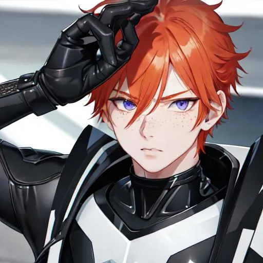 Prompt: Erikku male (short ginger hair, freckles, right eye blue left eye purple) muscular, riding a black motorcycle. UHD, 8K, Highly detailed, wearing biker gear, close up shot of the motorcycle, insane detail, best quality, high quality