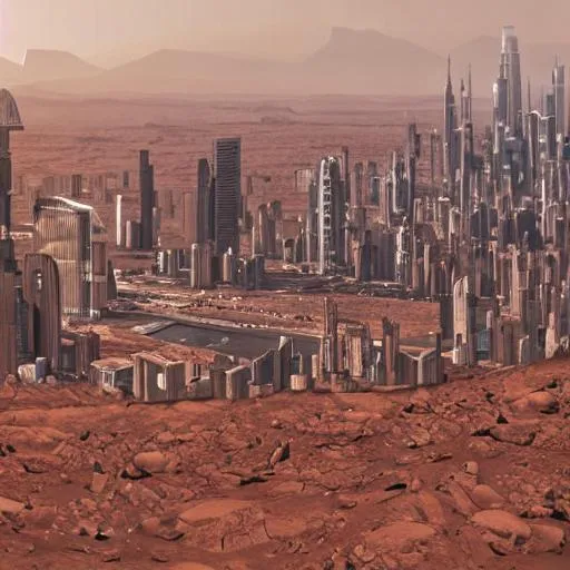 Prompt: city on mars with buildings and people walking around