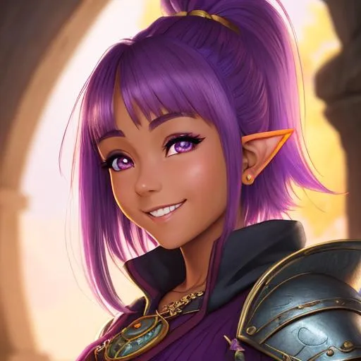 Prompt: oil painting, D&D fantasy, tanned-skinned-gnome girl, tanned-skinned-female, short, beautiful, short bright purple hair, bangs and ponytail hair, smiling, pointed ears, looking at the viewer, Wizard wearing intricate wizard outfit, #3238, UHD, hd , 8k eyes, detailed face, big anime dreamy eyes, 8k eyes, intricate details, insanely detailed, masterpiece, cinematic lighting, 8k, complementary colors, golden ratio, octane render, volumetric lighting, unreal 5, artwork, concept art, cover, top model, light on hair colorful glamourous hyperdetailed medieval city background, intricate hyperdetailed breathtaking colorful glamorous scenic view landscape, ultra-fine details, hyper-focused, deep colors, dramatic lighting, ambient lighting god rays, flowers, garden | by sakimi chan, artgerm, wlop, pixiv, tumblr, instagram, deviantart