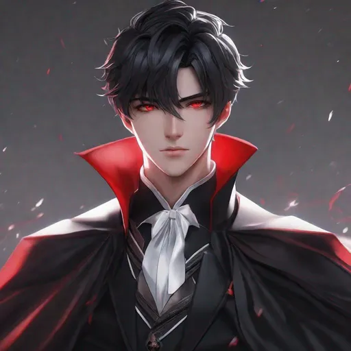 Prompt: 3d anime man, black short hair, red eyes,  black formal outfit, red cape, aesthetic, cold look, serious face, 26 years old and beautiful pretty art 4k full raw HD