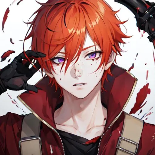 Prompt: Erikku male adult (short ginger hair, freckles, right eye blue left eye purple)  UHD, anime style, covered in blood, psychotic, covering his face with his hands