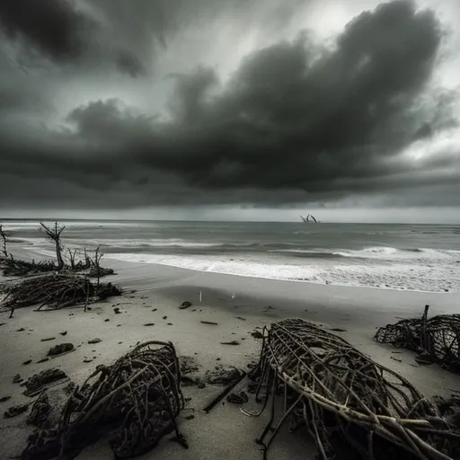 Prompt: The scene unfolds on a desolate beach, a once-vibrant paradise now transformed by the horrors of a zombie apocalypse. The sky hangs heavy with dark, ominous clouds, casting an eerie glow over the landscape. The air is thick with the scent of saltwater and decay, while distant sounds of crashing waves mingle with the haunting moans of the undead.

Amidst the chaos, a couple of young girls stand at the forefront of the scene, their hands tightly clasped together. Their faces bear a mix of fear, determination, and a flicker of hope. They stand defiantly against the backdrop of destruction, a symbol of resilience in the face of unimaginable terror.

The girls, dressed in tattered and dirt-streaked summer attire, have adapted makeshift weapons as their only means of defense. Their eyes dart across the beach, scanning for any sign of danger, as their intertwined hands serve as a source of comfort and strength in this nightmarish reality.

The beach itself is a haunting sight. Abandoned beach chairs and umbrellas lie scattered, left behind by those who once sought solace in the sun-soaked haven. The sand, now stained with footprints of panic and desperation, stretches out toward the murky waters, where a sense of foreboding lingers.

On the horizon, the remnants of a civilization struggle to hold on. Beachfront huts and palm trees stand as silent witnesses, their structures weathered and battered. Shadows dance ominously, their elongated forms resembling the encroaching threat of the undead that emerge from the surrounding darkness.

As the sun's dying rays pierce through gaps in the clouds, the scene is bathed in a mixture of muted colors. Hints of orange and red meld with shades of gray, painting a somber yet striking tableau that captures the spirit of survival and the fragility of humanity.
