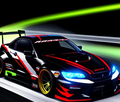 Prompt: Cool tuning JDM car widebody with black stripes livery and neon light is drifting in 120km/h on steep mountain roads at night, with effects like being speeding and a mess