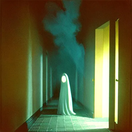 Prompt: surreal ghost in a dimly lit hallway, terrifying visuals, horror elements, smoke, dark ambiance, fear, highly detailed, professional photograph, kodak portra 4 0 0 