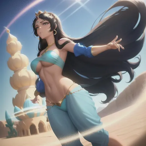 Prompt: A digital artwork, Princess Jasmine, feminine physique, attractive features, desert, thick black hair, sky blue bedlah top with sky blue oversized salwar pants, playing with sand, Modest
, Fragonard, highly-detailed, cinematic, washed out palette,soft pastel color palette, light trails, sunny day, High contrast, translucent, iridescent, long hair, arms visible, filmic, perfect composition, colorfull, Extra Saturation, hyperrealistic, super detailed, 8k, high quality, sharp focus, intricate details, highly detailed, dynamic lighting, detailed and intricate environment, highest quality