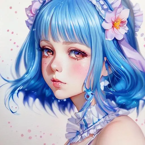 blissful, sweet girl, lolita style, blue hair, anime... | OpenArt