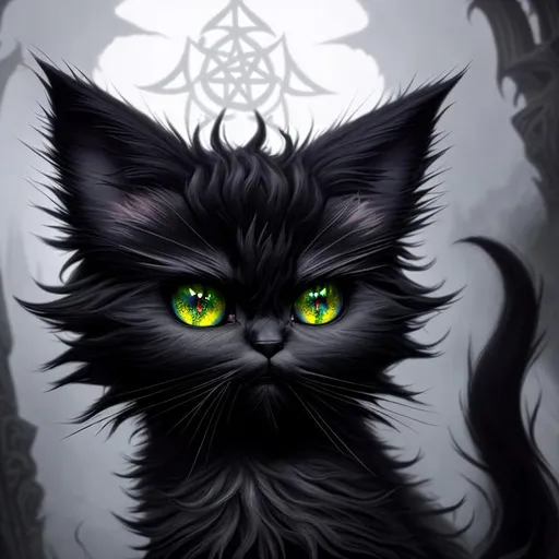 Prompt: Scary, Sinister, ominous, cinematic, dramatic, 3D, HD, [{horned}{Fluffy!!! Black! Persian Kitten}, Beautiful big glossy seductive reflective eyes,]::2, {Greek}mythology, mist, expansive Celtic background, digital painting, uber detailed, 64k, high quality, sharp focus, studio photo, intricate details, highly detailed --s98500