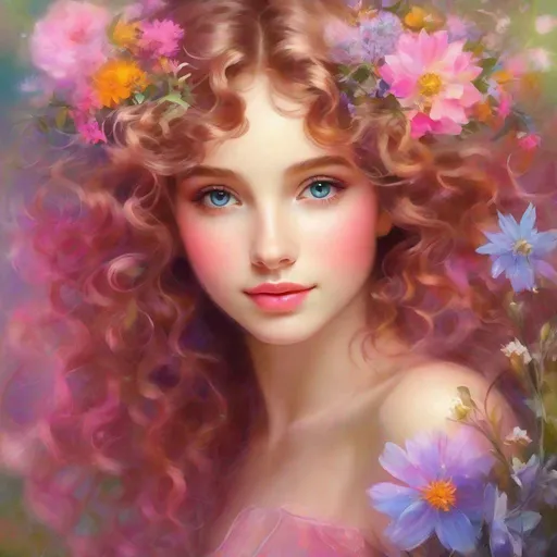 Prompt: a young fairy of spring, very curly hair, pink glow on cheeks,wildflowers, vivid colors, closeup