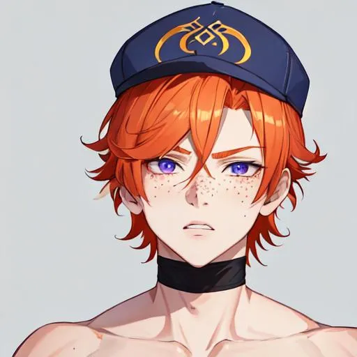 Prompt: Erikku male (short ginger hair, freckles, right eye blue left eye purple) muscular, UHD, 8K, Highly detailed, insane detail, best quality, high quality. wearing a sideways baseball cap, streetwear