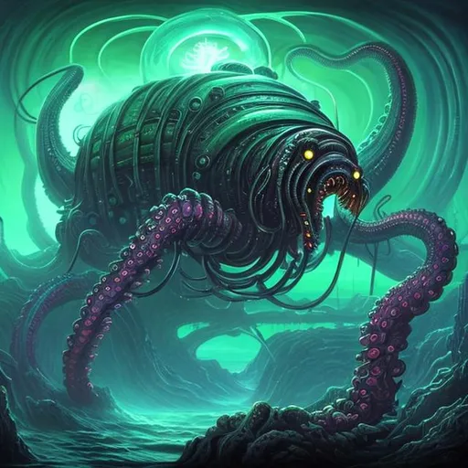 Prompt:  fantasy art style, painting, deep ocean, robotic, green, green lights, green neon lights, lightning, colourful, murky, H. R. Giger, waves, misty, biological mechanical, pipes, snakes, serpents, eels, tentacles, jellyfish, squid, giant robot, robot, machine, pregnant robot, inseminate, insemination, pregnancy, pregnant, mother, pregnant woman, futuristic, dystopian, alien