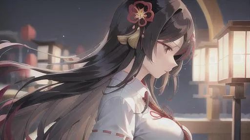 Prompt: straight hair,breasts，straight hair,breasts,japanese_clothes,hair_flower,hair_ornament,miko，beautifully detailed background，profile，dignified，red eyeshadow，slender eyes