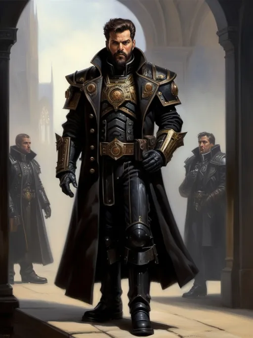 Prompt: full-body oil painting of male warhammer 40k psyker, short brown thick hair and full beard, worry lines, dark tones, (warhammer 40k psyker), black duster overcoat trench-coat, dark black gunmetal armor and clothes color, gunmetal hi-tech epaulets and bracers, hi-tech psyker breastplate chest plate, confident epic standing pose, (highly detailed piercing brown eyes), highly detialed facial features, utility pouches attached to belt, high gothic fantasy, imperium of man, 19th century impressionism brushwork, under-lit up-lit face, black gloves, painterly, black heavy-sole boots, black riding pants, (soft highlights), black gaiters, (psyker), wh40k highly detailed hands, painted, art, illustrated, painterly, painted, art, illustrated 