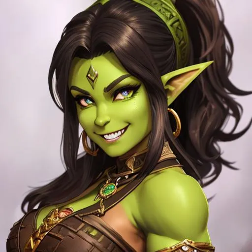 Prompt: oil painting, D&D fantasy, green-skinned-orc girl, green-skinned-female, toned muscle, beautiful, short dark brown hair, wavy hair, smiling, pointed ears, fangs, looking at the viewer, barbarian wearing intricate adventurer outfit, #3238, UHD, hd , 8k eyes, detailed face, big anime dreamy eyes, 8k eyes, intricate details, insanely detailed, masterpiece, cinematic lighting, 8k, complementary colors, golden ratio, octane render, volumetric lighting, unreal 5, artwork, concept art, cover, top model, light on hair colorful glamourous hyperdetailed medieval city background, intricate hyperdetailed breathtaking colorful glamorous scenic view landscape, ultra-fine details, hyper-focused, deep colors, dramatic lighting, ambient lighting god rays, flowers, garden | by sakimi chan, artgerm, wlop, pixiv, tumblr, instagram, deviantart